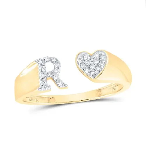 10K Yellow Gold Genuine Round Cut Diamond Women‘s Initial ‘R‘ Letter w/ Heart Split Right Hand Statement Ring 1/8 Ct.