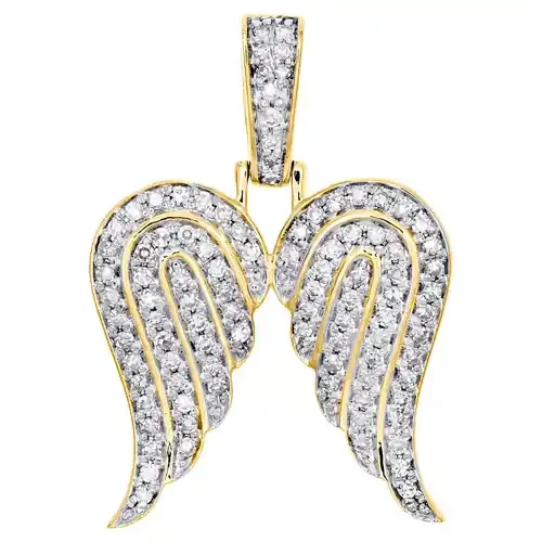 10K Yellow Gold Genuine Round Diamond Angel Wing Pendant 1.20″ Pave Charm 5/8 CT