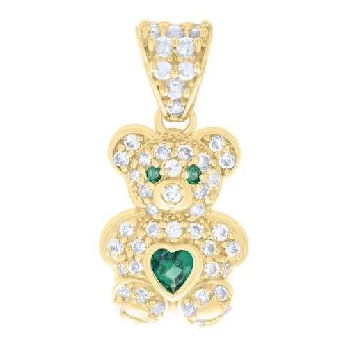 10K Yellow Gold Green CZ Womens May Birthstone Charm Teddy Bear w/ Heart Pendant