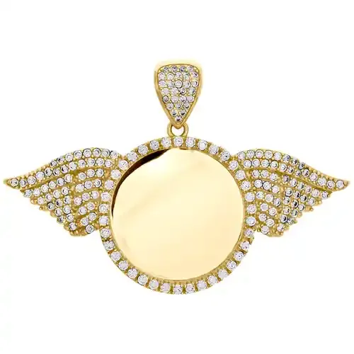 10K Yellow Gold Memory Picture Frame Pendant Cubic Zirconia Angel Wing Charm
