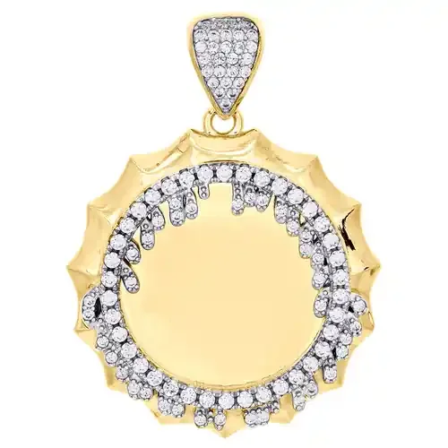 10K Yellow Gold Memory Picture Medallion Frame Pendant Cubic Zirconia Drip Charm