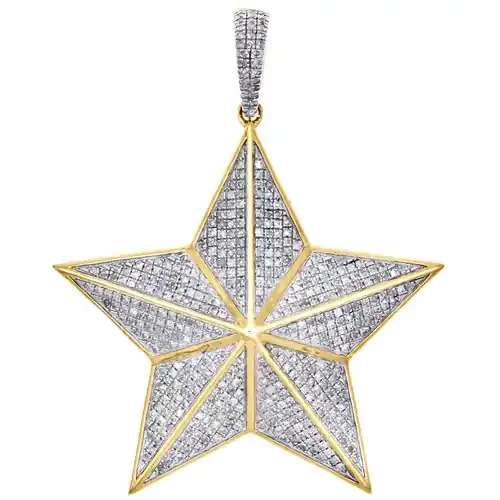 10K Yellow Gold Mens Diamond 3D Dome Iced Star Pendant 1.85″ Pave Charm 0.97 CT.