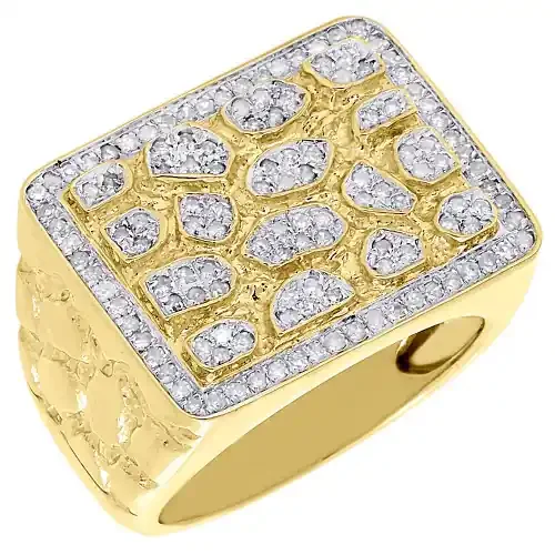 10K Yellow Gold Mens Round Cut Diamond Nugget Style Pave Set Pinky Ring 0.77 Ct.