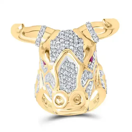 10K Yellow Gold Natural Ruby & Diamond Bull Statement Pinky Ring Band 3.50 CT.