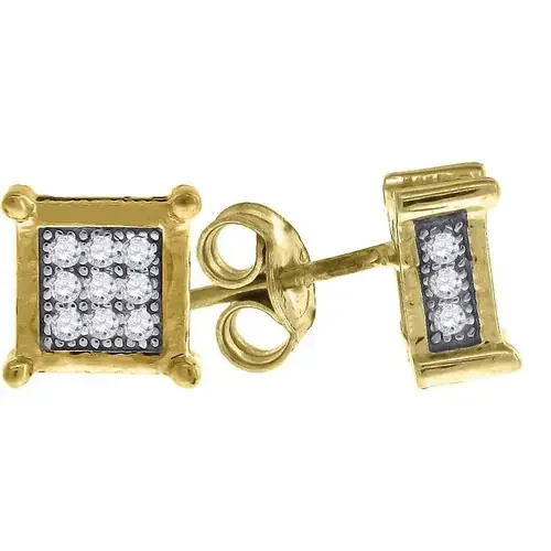 10K Yellow Gold Pave CZ 4 Prong 3D Square 0.28″ Stud Push Back Earrings