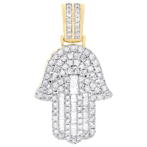 10K Yellow Gold Real Baguette Diamond Hamsa Hand Pendant Men‘s Charm 1.50 CT
