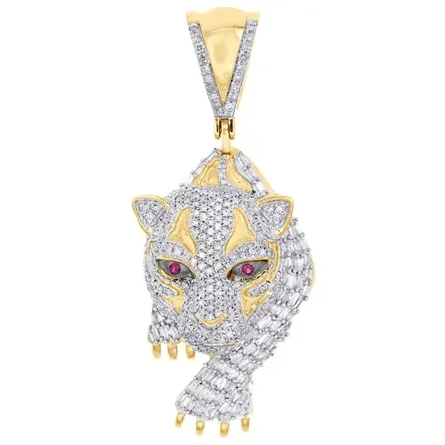 10K Yellow Gold Real Baguette Diamond Men‘s Hunting Panther Head Pendant 3/4 CT