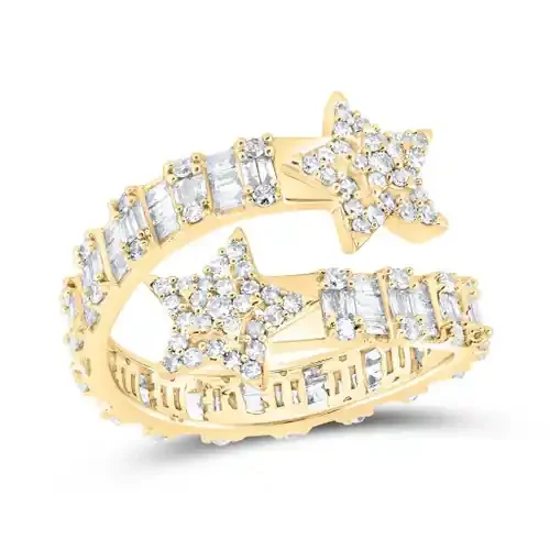 10K Yellow Gold Real Baguette Diamond Women‘s Eternity Star Cuff Band Ring 1 CT