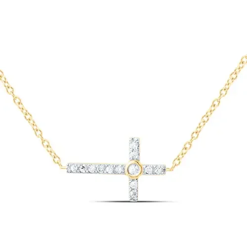 10K Yellow Gold Real Bezel Set Diamond Sideways Latin Cross 18″ Necklace 1/20 CT
