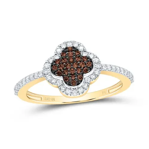 10K Yellow Gold Real Brown Diamond Cluster 4 Leaf Clover Right Hand Ring 1/4 CT