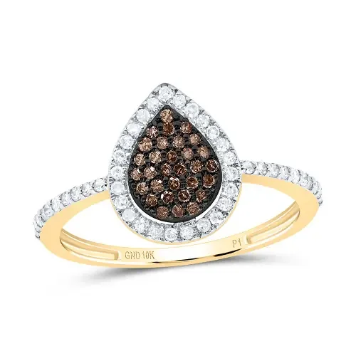 10K Yellow Gold Real Brown Diamond Pear Cluster Teardrop Right Hand Ring 1/3 CT