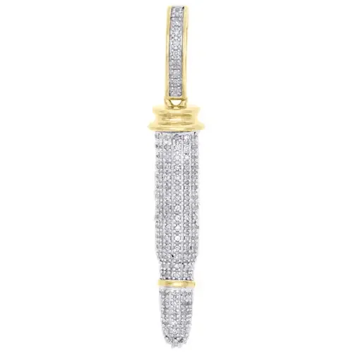 10K Yellow Gold Real Diamond 3D Gun Bullet Pendant 1.50″ Mens Pave Charm 1/3 CT.
