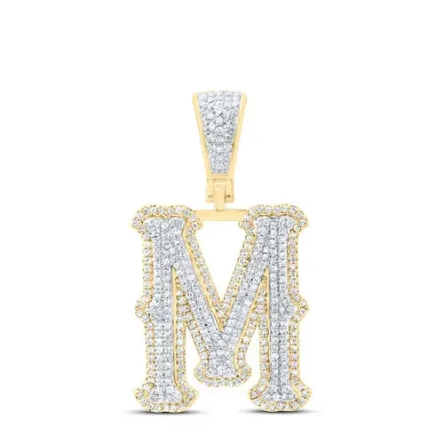 10K Yellow Gold Real Diamond Block Font Pointed Letter Initial M Pendant 7/8 CT