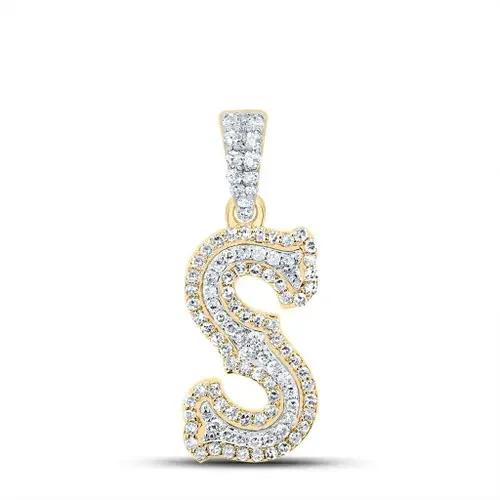 10K Yellow Gold Real Diamond Block Font Pointed Letter Initial S Pendant 1/3 CT