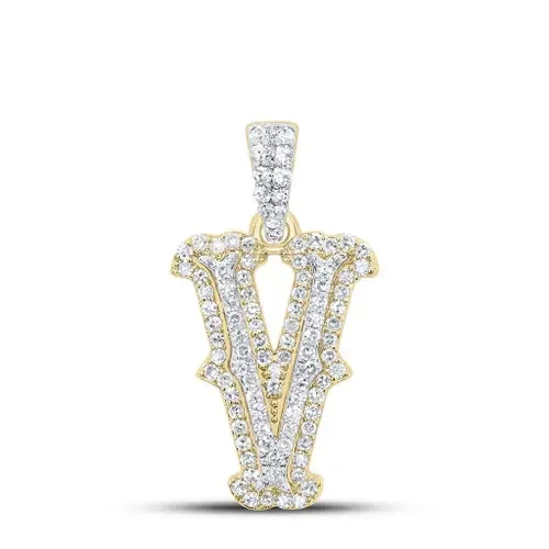 10K Yellow Gold Real Diamond Block Font Pointed Letter Initial V Pendant 1/3 CT