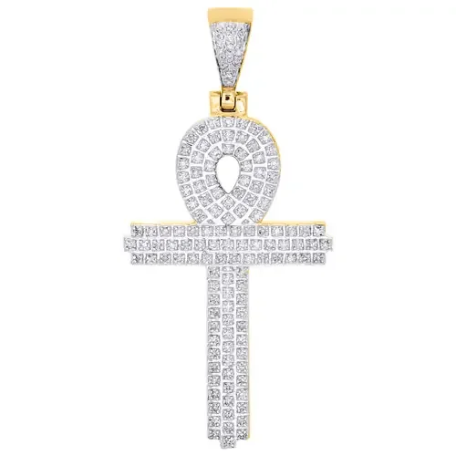 10K Yellow Gold Real Diamond Egyptian Ankh Cross Pendant 1.90″ Pave Charm 3/8 CT