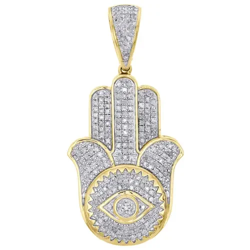 10K Yellow Gold Real Diamond Evil Eye Hamsa Hand Pendant 1.5″ Pave Charm 1/2 CT.