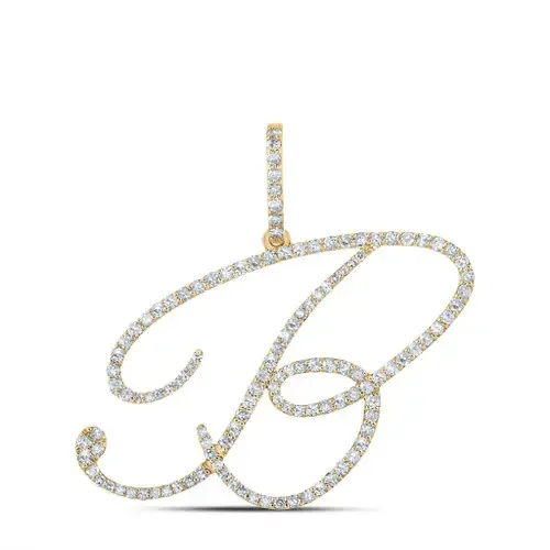 10K Yellow Gold Real Diamond Fancy Cursive Script Font Initial B Pendant 3/4 CT