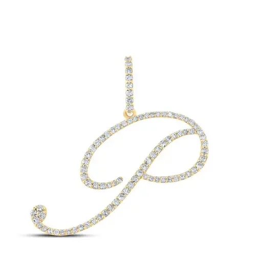 10K Yellow Gold Real Diamond Fancy Cursive Script Font Initial P Pendant 1/2 CT