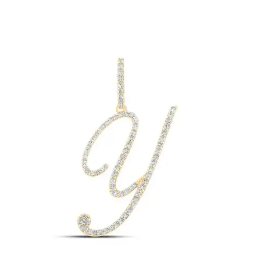 10K Yellow Gold Real Diamond Fancy Cursive Script Font Initial Y Pendant 1/2 CT