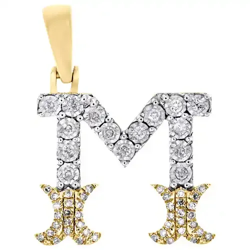 10K Yellow Gold Real Diamond Flared Block Font Letter M Initial Pendant 0.21 CT
