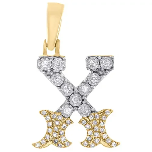 10K Yellow Gold Real Diamond Flared Block Font Letter X Initial Pendant 0.17 CT