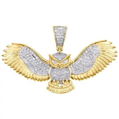 10K Yellow Gold Real Diamond Flying Bird Owl Wings Pendant 1.20″ Pave Charm 1 CT