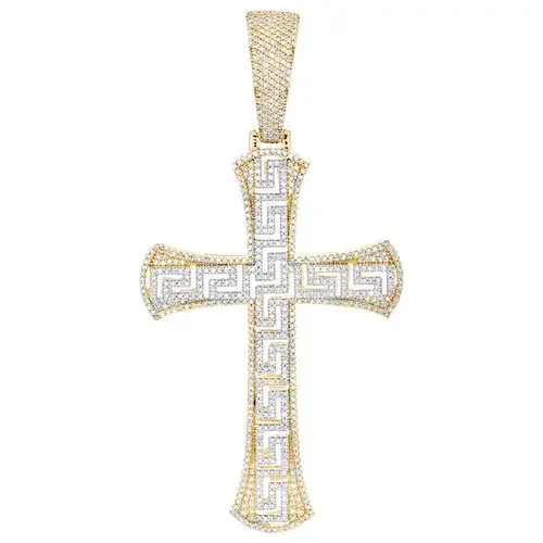 10K Yellow Gold Real Diamond Greek Key Rounded Cross Pendant Men‘s Charm 1.20 CT