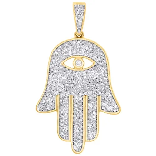 10K Yellow Gold Real Diamond Hamsa Hand Evil Eye Pendant 1.50″ Pave Charm 1 CT.
