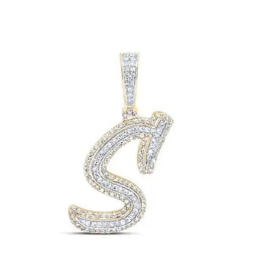 10K Yellow Gold Real Diamond Italic Font Slanted Letter Initial S Pendant 3/4 CT
