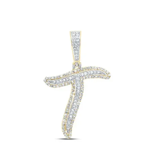 10K Yellow Gold Real Diamond Italic Font Slanted Letter Initial T Pendant 5/8 CT