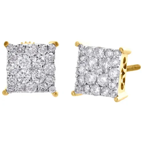 10K Yellow Gold Real Diamond Square Cluster 4 Prong Studs 7.5mm Earrings 3/4 CT.