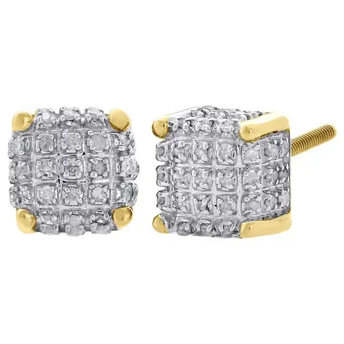 10K Yellow Gold Real Diamond Stud 7mm 3D Cube Square Mens Pave Earrings 0.33 Ct.