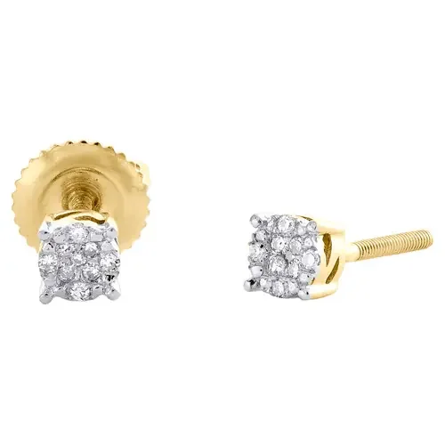 10K Yellow Gold Real Diamond Unisex 3.5mm 4 Prong Circle Stud Earrings 0.05 CT