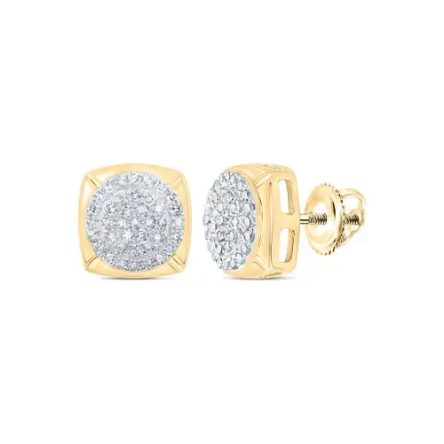 10K Yellow Gold Real Diamond Unisex Cluster Rounded Square Stud Earrings 1/4 CT