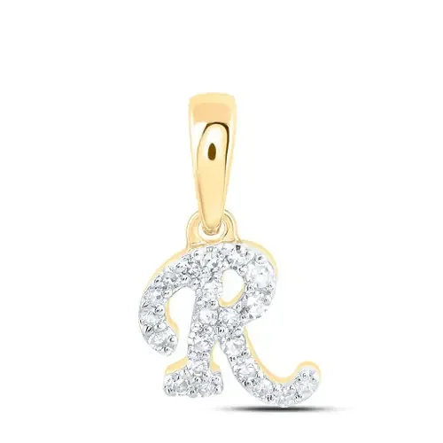 10K Yellow Gold Real Diamond Women‘s Block Font Initial R Mini Pendant 1/12 CT