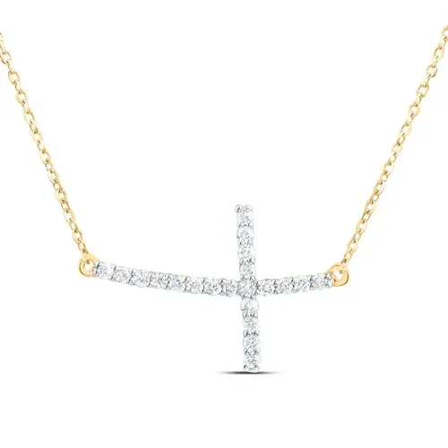 10K Yellow Gold Real Diamond Womens Prong Set Sideways Cross 18″ Necklace 1/5 CT