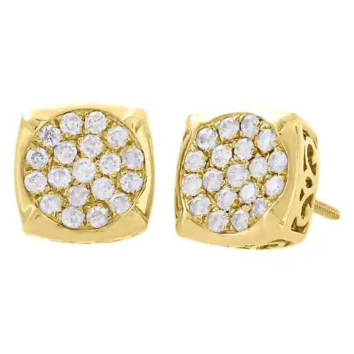 10K Yellow Gold Real Round Diamond Studs Concave Square 9.25mm Earrings 0.57 Ct.
