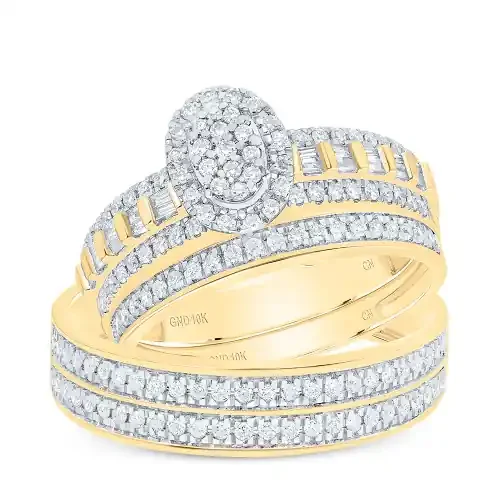 10K Yellow Gold Round & Baguette Cut Diamond Men‘s Wedding Band & Women‘s Bridal Set Tiered Oval Halo Matching Trio Set 3/4 Ct.