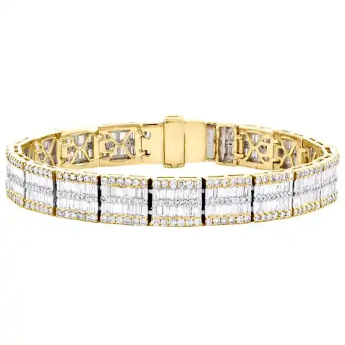 10K Yellow Gold Round & Baguette Diamond 10mm Fancy Statement Bracelet 9.50 CT.