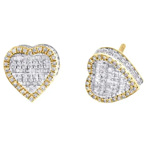 10K Yellow Gold Round & Baguette Diamond 3D Heart Stud 7.50mm Earrings 5/8 CT.