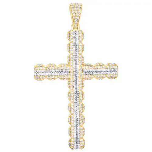 10K Yellow Gold Round & Baguette Diamond Cross Pendant 2.50″ Fancy Charm 3.50 CT