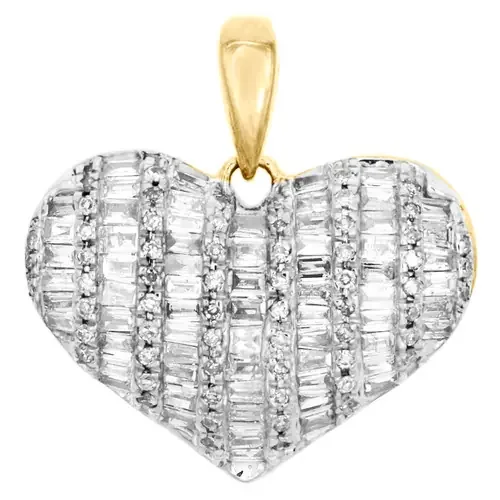 10K Yellow Gold Round & Baguette Diamond Dome Heart Pendant 0.75″ Charm 1/2 CT.
