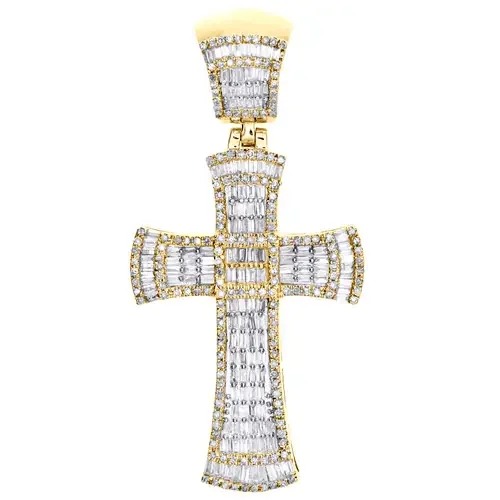 10K Yellow Gold Round & Baguette Diamond Fancy Cross Pendant 1.85″ Charm 1.27 CT