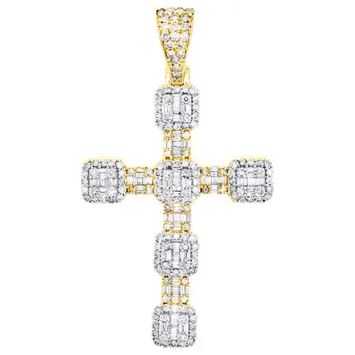 10K Yellow Gold Round & Baguette Diamond Fancy Cross Pendant 2.45″ Charm 2.55 CT