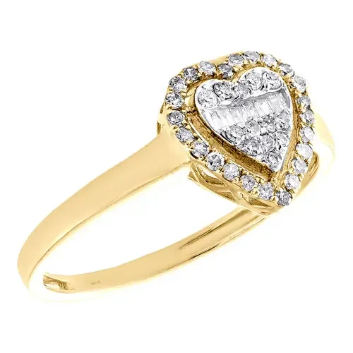 10K Yellow Gold Round & Baguette Diamond Halo Heart Frame Fancy Ring 1/10 CT.