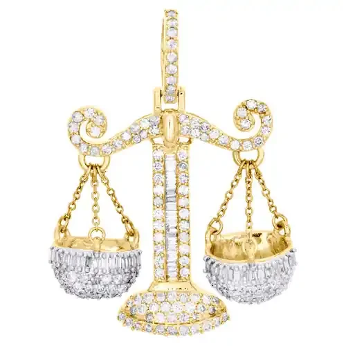 10K Yellow Gold Round & Baguette Diamond Libra Scale Pendant 1.35″ Charm 1.60 CT