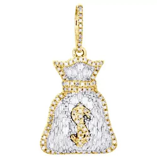10K Yellow Gold Round & Baguette Diamond Money Bag Pendant 1.25″ Charm 0.70 CT.