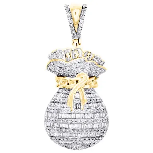 10K Yellow Gold Round & Baguette Diamond Money Bag Pendant 1.60″ Charm 1.10 CT.