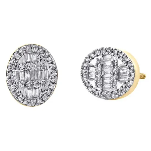 10K Yellow Gold Round & Baguette Diamond Oval Frame Earrings 10mm Stud 1/3 CT.